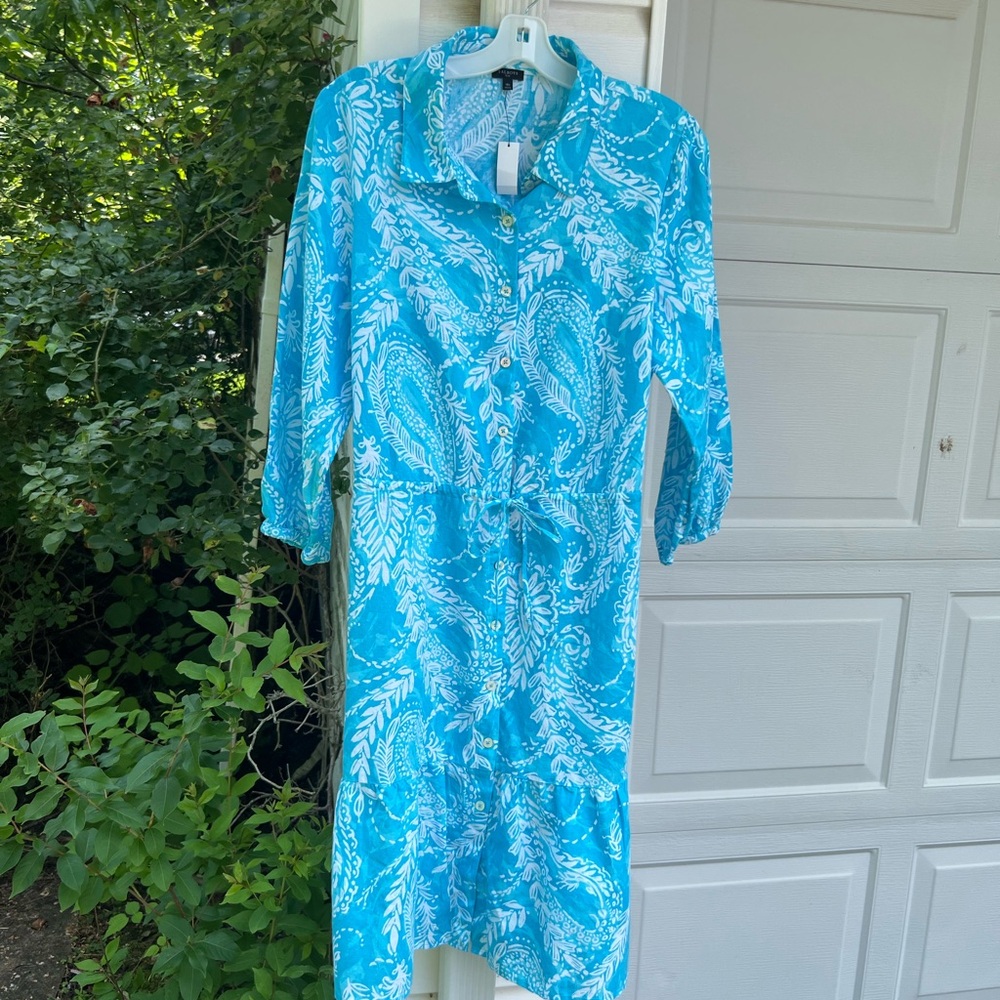 NWT Talbots Crisp Turquoise Paisley Cotton Linen MIDI Dress Pockets